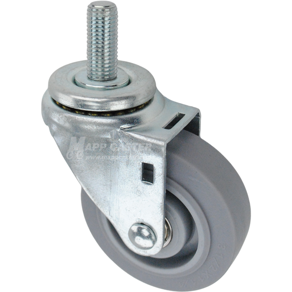 Swivel caster with a 3.5 inch grey thermoplastic rubber wheel and 16mm wide threaded metal stem