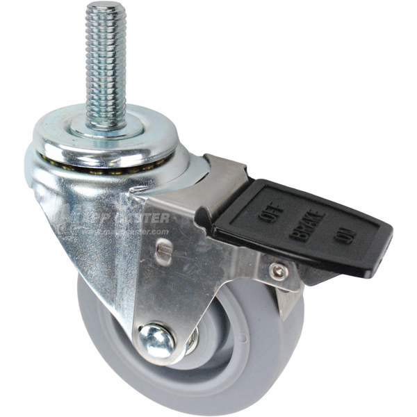 Swivel caster with a face contact brake, a 3.5 inch grey thermoplastic rubber wheel and 5/8 inch wide threaded metal stem