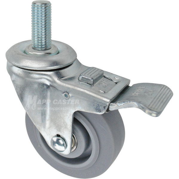 Caster wheel with a total lock brake, a 3.5 inch grey thermoplastic rubber wheel and 20mm wide threaded metal stem