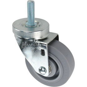 Swivel caster with a 3.5 inch grey thermoplastic rubber wheel and a 1-1/2 inch long, 1/2 inch wide threaded metal stem