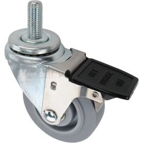 Swivel caster with a face contact brake, a 3.5 inch grey thermoplastic rubber wheel and 16mm wide threaded metal stem