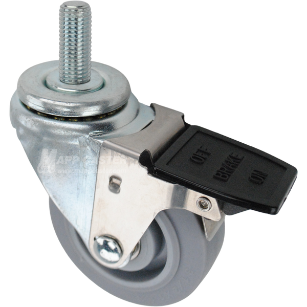 Swivel caster with a face contact brake, a 3.5 inch grey thermoplastic rubber wheel and 16mm wide threaded metal stem