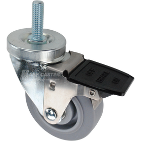 Swivel caster with a face contact brake, a 3.5 inch grey thermoplastic rubber wheel and a 1-1/2 inch long, 1/2 inch wide threaded metal stem
