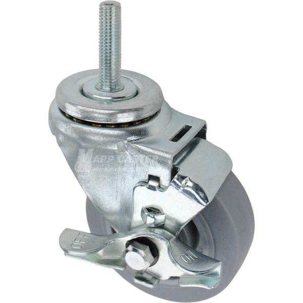Swivel caster with a top lock brake, a 3.5 inch grey thermoplastic rubber wheel and 12mm wide threaded metal stem