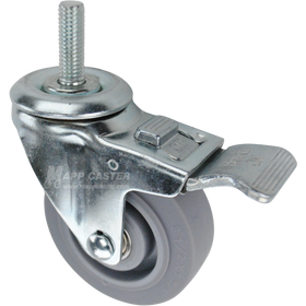Caster wheel with a total lock brake, a 3.5 inch grey thermoplastic rubber wheel and a 1-1/2 inch long, 1/2 inch wide metal threaded stem