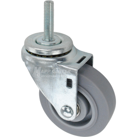 Swivel caster with a 3.5 inch grey thermoplastic rubber wheel and 12mm wide threaded metal stem