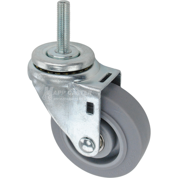Swivel caster with a 3.5 inch grey thermoplastic rubber wheel and 12mm wide threaded metal stem