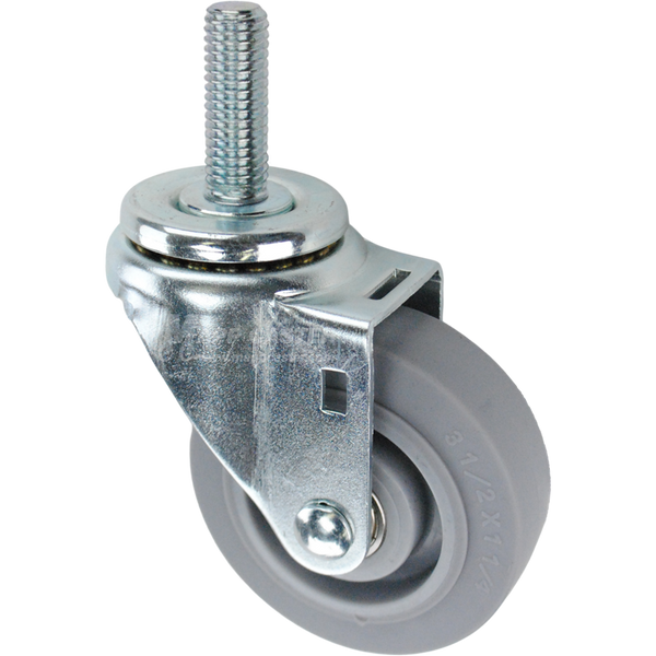 Swivel caster with a 3.5 inch grey thermoplastic rubber wheel and 5/8 inch wide threaded metal stem