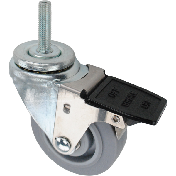 Swivel caster with a face contact brake, a 3.5 inch grey thermoplastic rubber wheel and 12mm wide threaded metal stem