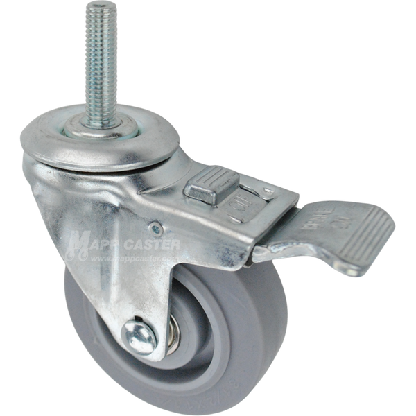 Caster wheel with a total lock brake, a 3.5 inch grey thermoplastic rubber wheel and 12mm wide threaded metal stem