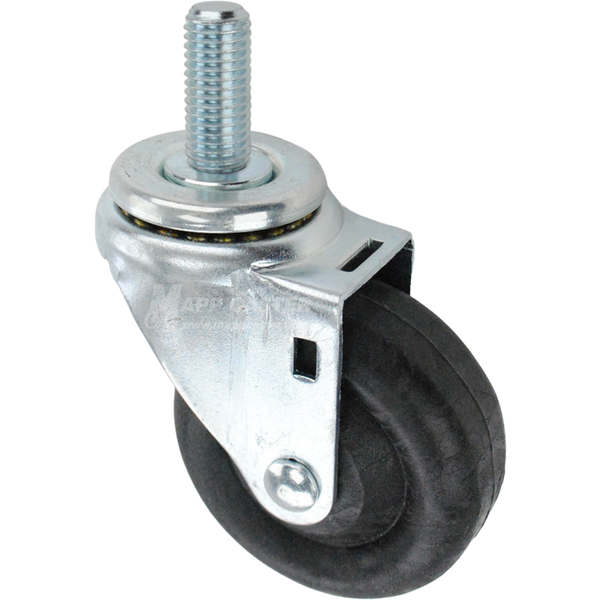 Swivel caster with a 3.5 inch black nylon wheel and 3/4 inch wide threaded metal stem