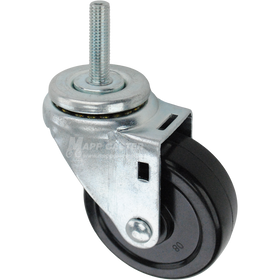 Swivel caster with a 3.5 inch black soft rubber wheel and 12mm wide threaded metal stem
