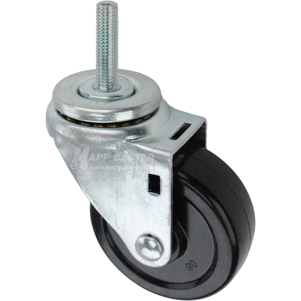 Swivel caster with a 3.5 inch black soft rubber wheel and 12mm wide threaded metal stem