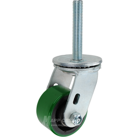 3-1/4 x 2 green polyurethane on iron swivel caster with 3/4-10 x 4 threaded stem. Heavy-duty, non-marking wheel for industrial carts and equipment.