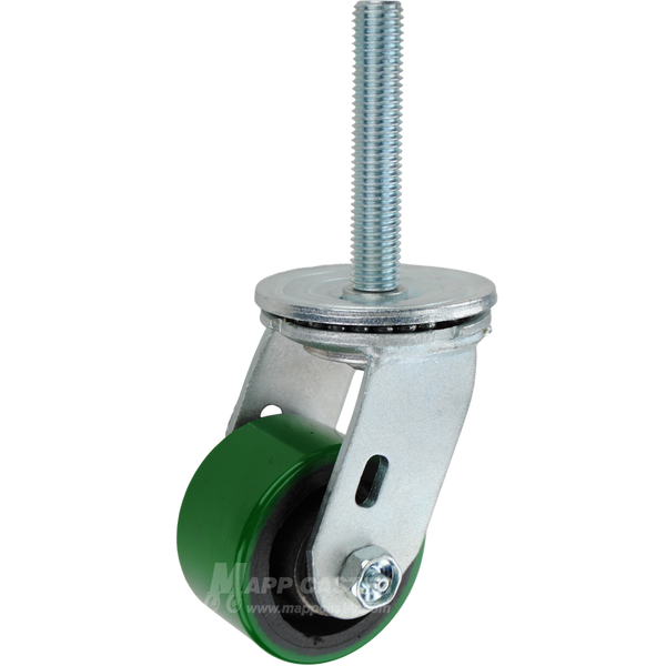 3-1/4 x 2 green polyurethane on iron swivel caster with 3/4-10 x 4 threaded stem. Heavy-duty, non-marking wheel for industrial carts and equipment.