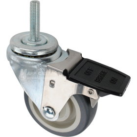Swivel caster with a face contact brake, a 3.5 inch grey polyurethane wheel and 12mm wide threaded metal stem
