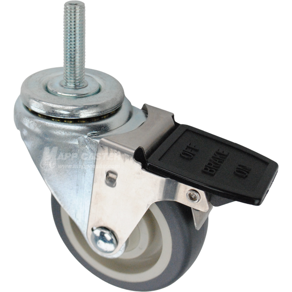 Swivel caster with a face contact brake, a 3.5 inch grey polyurethane wheel and 12mm wide threaded metal stem