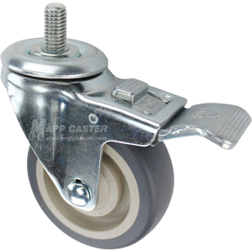 Caster wheel with a total lock brake, a 3.5 inch grey polyurethane wheel and a 1 inch long, 1/2 inch metal threaded stem