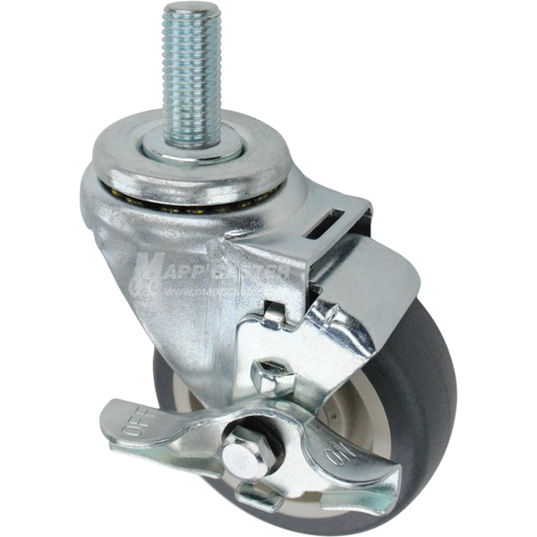 Swivel caster with a top lock brake, a 3.5 inch grey polyurethane wheel and 20mm wide threaded metal stem