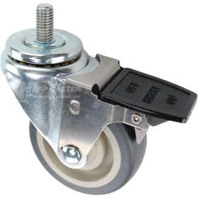 Swivel caster with a face contact brake, a 3.5 inch grey polyurethane wheel and a 1 inch long, 1/2 inch wide threaded metal stem