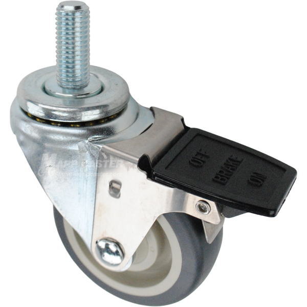 Swivel caster with a face contact brake, a 3.5 inch grey polyurethane wheel and 3/4 inch wide threaded metal stem