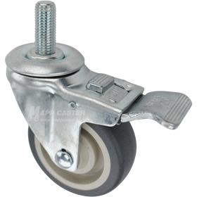Caster wheel with a total lock brake, a 3.5 inch grey polyurethane wheel and 16mm metal threaded stem