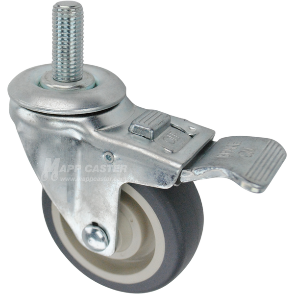 Caster wheel with a total lock brake, a 3.5 inch grey polyurethane wheel and 16mm metal threaded stem