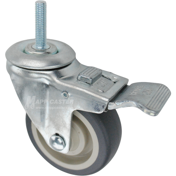 Caster wheel with a total lock brake, a 3.5 inch grey polyurethane wheel and 10mm metal threaded stem