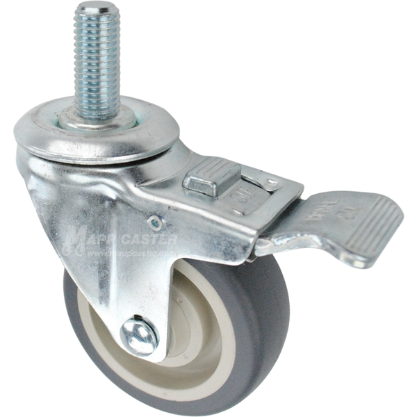 Caster wheel with a total lock brake, a 3.5 inch grey polyurethane wheel and 3/4 inch metal threaded stem