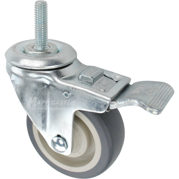 Caster wheel with a total lock brake, a 3.5 inch grey polyurethane wheel and 7/16 inch metal threaded stem