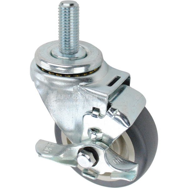 Swivel caster with a top lock brake, a 3.5 inch grey polyurethane wheel and 3/4 inch wide threaded metal stem