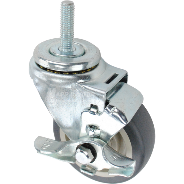 Swivel caster with a top lock brake, a 3.5 inch grey polyurethane wheel and 7/16 inch wide threaded metal stem
