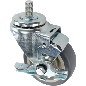 Swivel caster with a top lock brake, a 3.5 inch grey polyurethane wheel and a 1 inch long, 1/2 inch wide threaded metal stem
