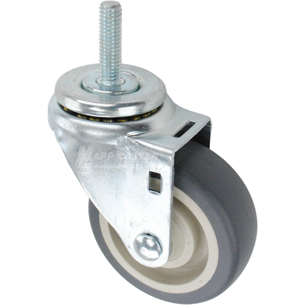 Swivel caster with a 3.5 inch grey polyurethane wheel and 7/16 inch wide threaded metal stem