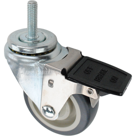 Swivel caster with a face contact brake, a 3.5 inch grey polyurethane wheel and 7/16 inch wide threaded metal stem