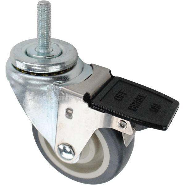Swivel caster with a face contact brake, a 3.5 inch grey polyurethane wheel and 7/16 inch wide threaded metal stem