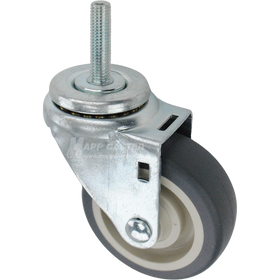 Swivel caster with a 3.5 inch grey polyurethane wheel and 12mm wide threaded metal stem