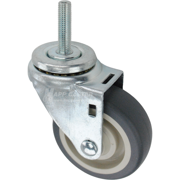 Swivel caster with a 3.5 inch grey polyurethane wheel and 12mm wide threaded metal stem