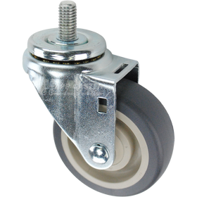 Swivel caster with a 3.5 inch grey polyurethane wheel and a 1 inch long, 1/2 inch wide threaded metal stem