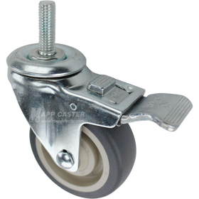 Caster wheel with a total lock brake, a 3.5 inch grey polyurethane wheel and a 1-1/2 inch long, 1/2 inch metal threaded stem
