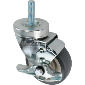 Swivel caster with a top lock brake, a 3.5 inch grey polyurethane wheel and a 1-1/2 inch long, 1/2 inch wide threaded metal stem
