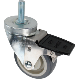 Swivel caster with a face contact brake, a 3.5 inch grey polyurethane wheel and a 1-1/2 inch long, 1/2 inch wide threaded metal stem