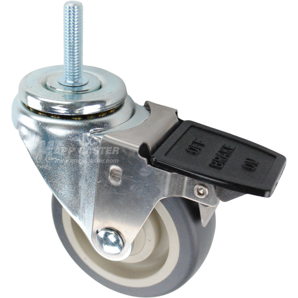 Swivel caster with a face contact brake, a 3.5 inch grey polyurethane wheel and 3/8 inch wide threaded metal stem