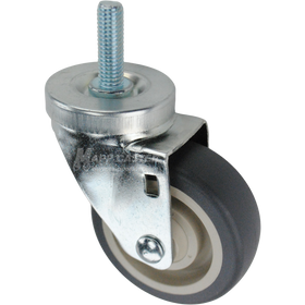 Swivel caster with a 3.5 inch grey polyurethane wheel and a 1-1/2 inch long, 1/2 inch wide threaded metal stem