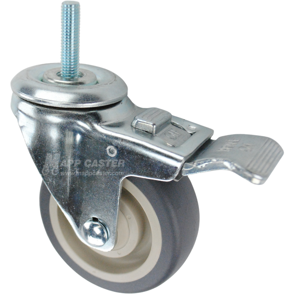 Caster wheel with a total lock brake, a 3.5 inch grey polyurethane wheel and 3/8 inch metal threaded stem