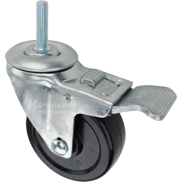 Swivel caster with a total lock brake, a 3.5 inch black hard rubber wheel and 10mm wide threaded metal stem