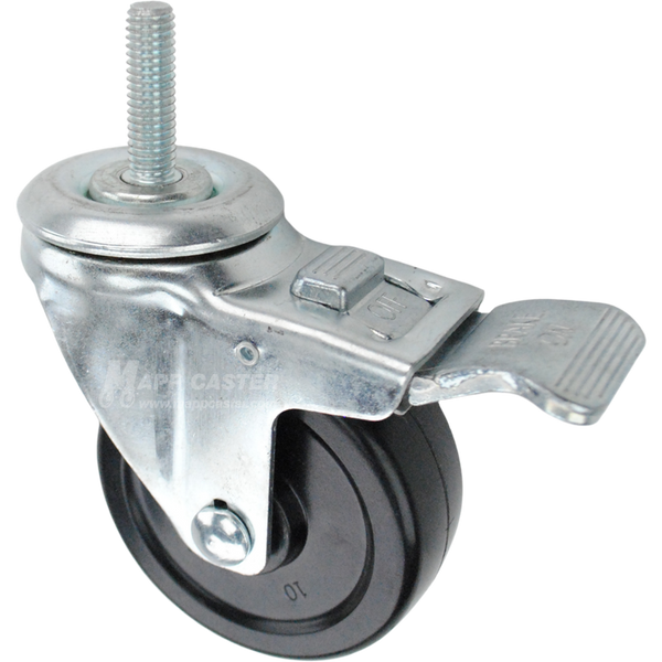Swivel caster with a total lock brake, a 3.5 inch black hard rubber wheel and 7/16 inch wide threaded metal stem