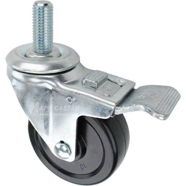Swivel caster with a total lock brake, a 3.5 inch black hard rubber wheel and 3/4 inch wide threaded metal stem