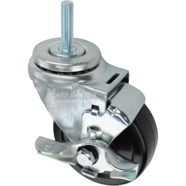 Swivel caster with a top lock brake, a 3.5 inch black hard rubber wheel and 10mm wide threaded metal stem