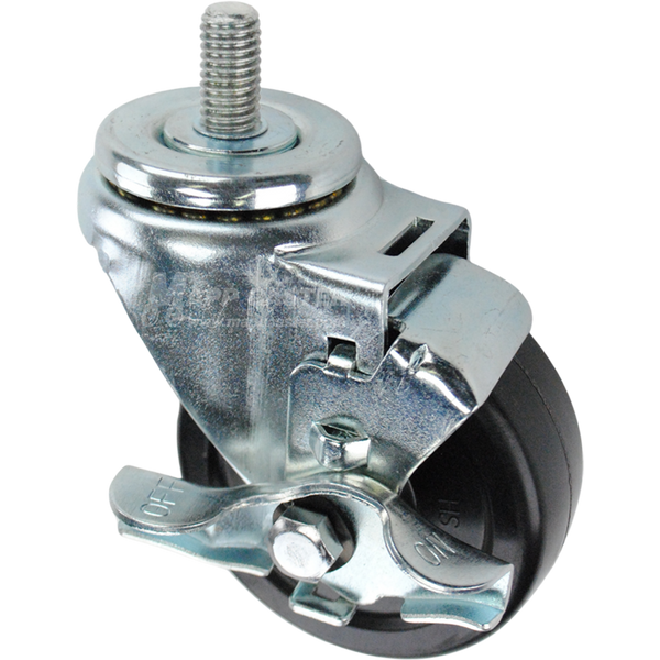 Swivel caster with a top lock brake, a 3.5 inch black hard rubber wheel and a 1 inch long, 1/2 inch wide threaded metal stem
